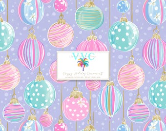 May include: A seamless pattern featuring illustrated Christmas ornaments in shades of pink, blue, and teal against a light purple background with white dots. A central white rectangular label displays the text VVC and Poppy Holiday Ornaments.