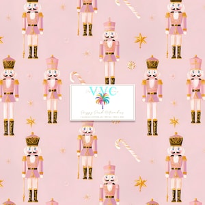 Preppy Pink Nutcrackers, 1 Seamless Pattern, Elegant Nutcracker Soldiers with Gold Stars and Candy Canes, Pastel Christmas Digital Paper
