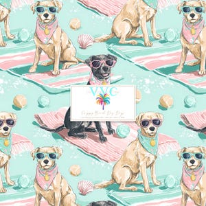 May include: A repeating pattern featuring cartoon dogs wearing sunglasses and bandanas, lounging on beach towels. The background is a light blue with pink and white stripes, seashells, and tennis balls. The image includes the text "Puppy Beach Day Daze".
