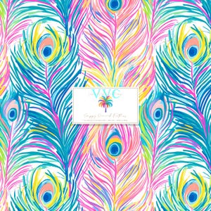 May include: A seamless pattern featuring colorful peacock feathers with blue, pink, yellow, and green accents. The pattern is on a white background.