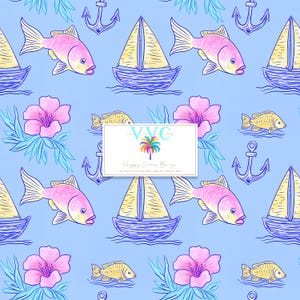 Preppy Ocean Breeze, 1 motivo nautico tropicale senza soluzione di continuità con barche a vela, ancore, pesci e fiori, vivace design costiero per decorazioni in tessuto