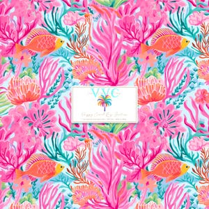 May include: A vibrant, repeating pattern featuring coral, fish, and aquatic plants in shades of pink, orange, and teal on a light blue background. The design includes the text "VVC" and "Poppy Creek Rug Garden".