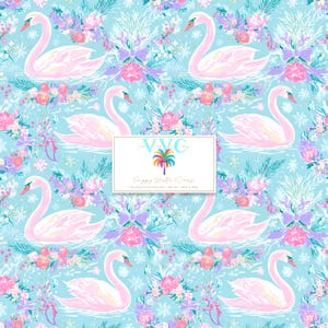 May include: A seamless digital pattern featuring light pink swans on a bright blue background, accented with pink flowers, green pine branches, and purple bows. A central white rectangular label displays the text VVC, a palm tree icon, and Poppy Winter Swans.