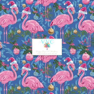 May include: A repeating pattern featuring pink flamingos wearing Santa hats, set against a blue background with tropical foliage and Christmas ornaments. The design includes the text "Happy Tropical Christmas" in a white rectangle.