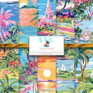 Digitaal papier tropisch eiland, 10 naadloze preppy kleurrijke strandpatronen voor afdrukbaar plakboekpapier - direct downloaden, palm