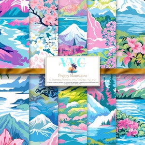 Peut inclure: Dix motifs sans couture représentant des paysages de montagne stylisés en rose, bleu et vert. Les motifs comprennent des sommets enneigés, de l'eau et des éléments floraux. Le texte "Preppy Mountains" est visible.