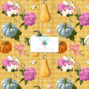 Preppy Pumpkin Petals, 1 Seamless Pattern, Fall Floral Pumpkins Digital Paper, Autumn Gingham Background Design, Fall Background