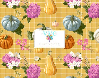 Preppy Pumpkin Petals, 1 Seamless Pattern, Floral Pumpkins, Autumn Gingham Digital Paper