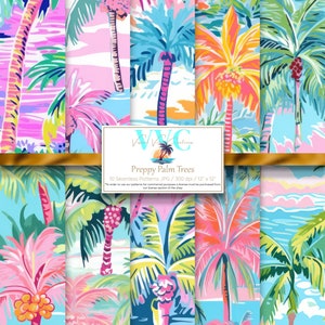Preppy Palm Trees Digital Paper, 10 Seamless Preppy Floral Patterns for Printable Scrapbook Paper - Instant Download, tropical