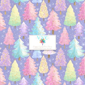 May include: A repeating pattern of pastel Christmas trees in shades of pink, blue, yellow, and purple, with gold accents and white snowflake details on a lavender background. The image includes a white rectangle with text.