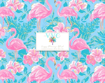 Flamenco preppy ruborizado, 1 patrón sin costuras, flamencos rosados y flores de hibisco sobre azul, papel digital tropical de verano, impresión de verano