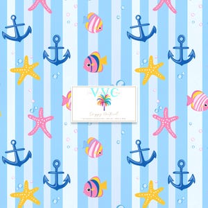 May include: Seamless pattern featuring blue anchors, yellow and pink starfish, and colorful fish on a blue and white striped background. The text "Happy  Tropical" is included in the pattern.