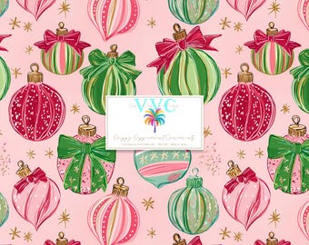 May include: A seamless pattern on a light pink background featuring illustrated Christmas ornaments in shades of red, green, and pink, accented with gold stars. A central white label displays the text VVC and Poppy Peppermint Ornaments.