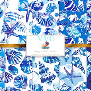 Papel digital Preppy Shell Paradise, 10 patrones sin costuras para álbum de recortes imprimible, descarga instantánea, estrella de mar, caracola, playa, azul