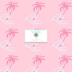 Puede incluir: Un patrón sin costuras con palmeras rosas y olas blancas sobre un fondo rosa claro. El patrón se repite en toda la imagen.