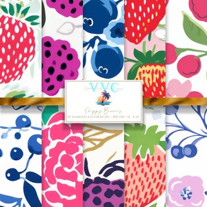 Preppy Berries digitales Papier, 10 nahtlose Muster für Printable Scrapbook Papier - Instant Download, Obst, Erdbeere, Blaubeere, Himbeere