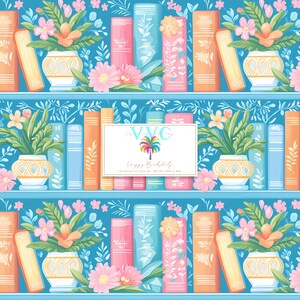 May include: A seamless pattern featuring a bookshelf filled with colorful books and floral arrangements in decorative pots. The background is a light blue color. The text "Happy Bookshelf" is visible in the center of the image.