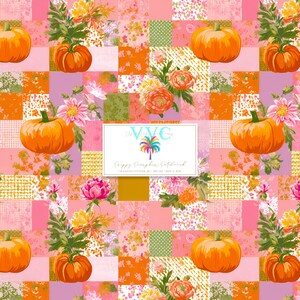 Preppy pumpalapptäcke, 1 sömlöst mönster, rosa höstblommor digitalt papper