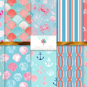 May include: A collection of nautical-themed digital papers featuring various patterns. Designs include crabs, seashells, anchors, rope, and stripes in shades of pink, coral, blue, and white. The image includes the text "VVC Happy Graphic Studio."