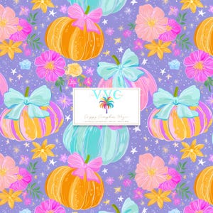 May include: A repeating pattern featuring colorful pumpkins with bows, flowers, and stars on a lavender background. The pumpkins are orange, pink, and teal, with striped details. Pink and teal bows adorn the pumpkins. The design includes text in a white rectangle.