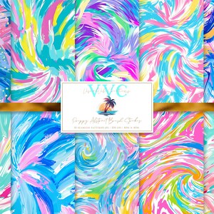 May include: A set of 12 digital seamless patterns featuring abstract brush strokes in a bright color palette of pink, blue, green, and yellow. The patterns are perfect for creating backgrounds, scrapbooking, and other creative projects.