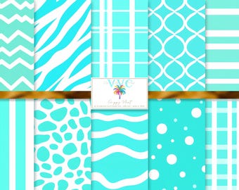 Preppy Mint Digitales Papier, 10 nahtlose Muster für bedruckbares Papier - Türkis- und Aquamuster für Scrapbooking, Dekor, Kunsthandwerk