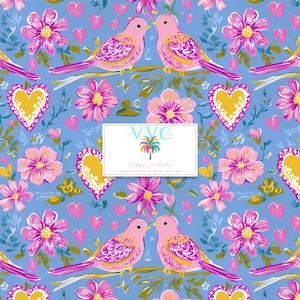 Lovebirds elegantes, 1 padrão sem costura, pássaros rosa com corações e flores em fundo digital azul romântico pastel para o Dia dos Namorados ou primavera