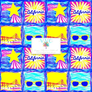 Papier numérique patchwork californien preppy, 1 modèle sans couture pour papier de scrapbooking imprimable - téléchargement immédiat, thème hollywoodien, impression cali