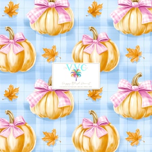 Preppy Blush Ernte Herbst Druck, 1 rosa Kürbis Muster, Pastell Herbst Gingham Bogen Hintergrund, Kürbis Gewürz Thema