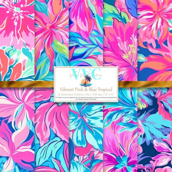 Vibrant Pink & Blue Tropical Digital Paper, 10 Seamless Preppy Floral Patterns for Printable Scrapbook Paper - Instant Download