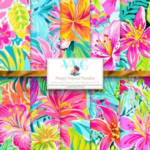 Preppy Tropisches Paradies digitales Papier, 10 bunte bunte Blumenmuster zum ausdrucken, Scrapbook Papier - Instant Download