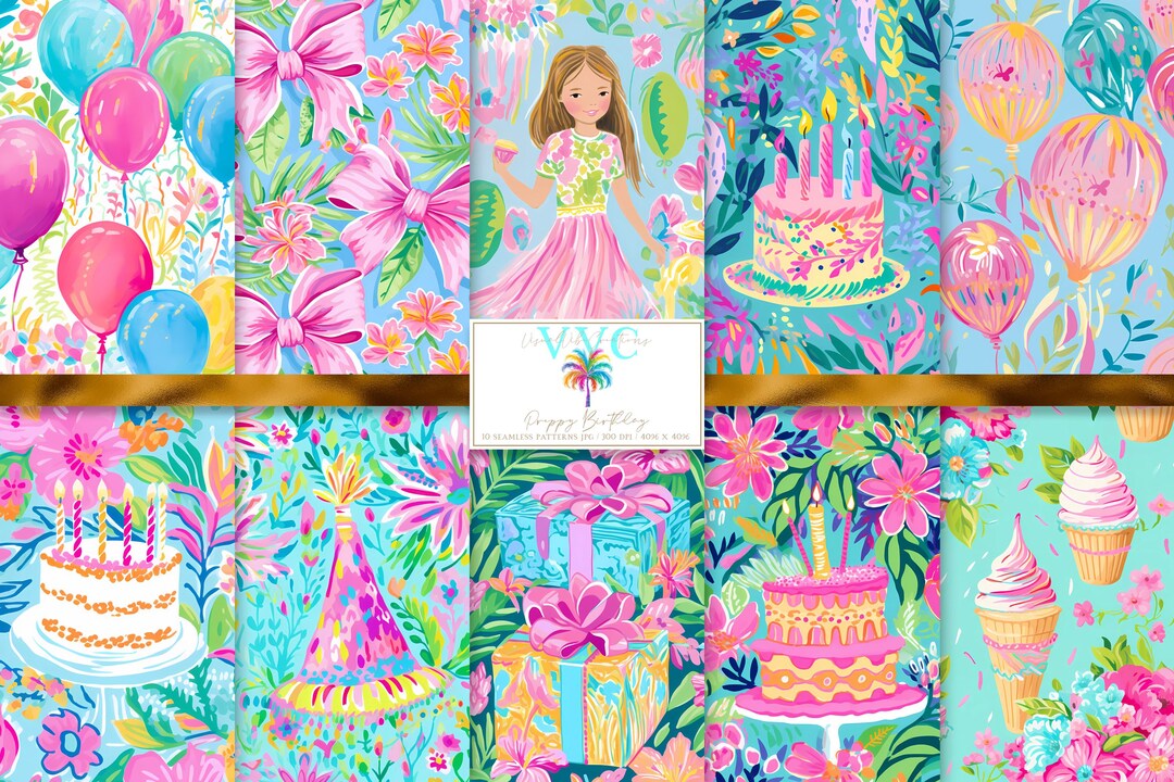 Preppy Birthday Digital Paper Pack, 10 Seamless Birthday Scrapbook ...