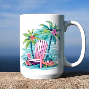 May include: White ceramic mug with a colorful illustration of a pink Adirondack chair on a beach with palm trees and flowers.