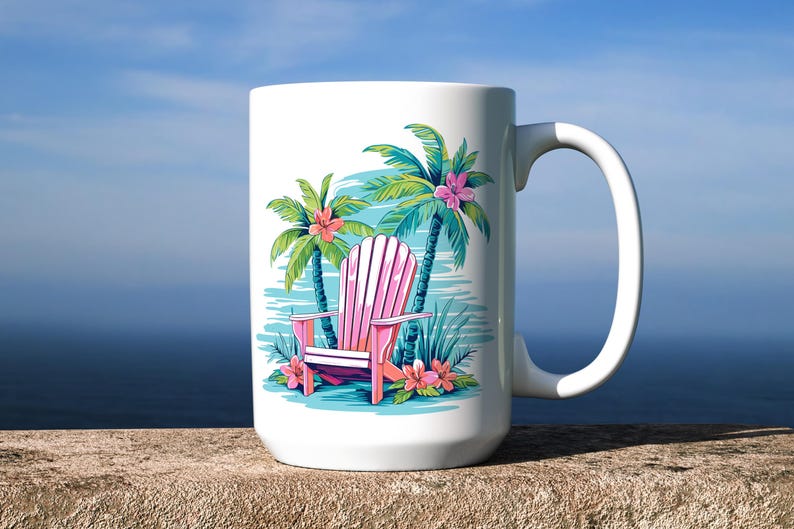 May include: White ceramic mug with a colorful illustration of a pink Adirondack chair on a beach with palm trees and flowers.
