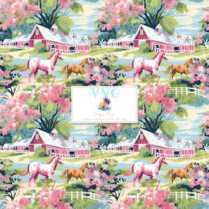 Preppy Farm digitales Papier, 1 tropische Muster zum ausdrucken, Scrapbook Papier - Instant Download, Pferd, Ackerland, Scheune