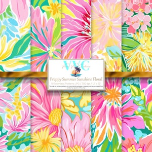 Carta digitale floreale Preppy Summer Sunshine, 10 modelli senza cuciture per carta stampabile per album - Download istantaneo, fiore, sole