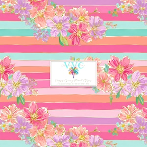 Könnte beinhalten: Ein lebendiges Blumenmuster mit horizontalen Streifen in Rosa, Koralle und Türkis, verziert mit Bouquets aus rosa und lila Blumen. Das Design umfasst goldene Akzente und ein zentrales rechteckiges Etikett mit Text.