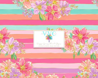 Preppy Spring Floral Stripes, 1 Seamless Pattern, Pastel Flower Stripe Digital Paper, Bright Spring Background