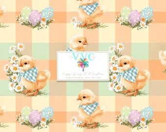 Preppy Spring Chick Gingham, 1 Seamless Pattern, Pastel Easter Digital Paper, Farmhouse Print for Crafts