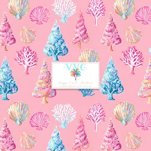 May include: A repeating pattern on a pink background features stylized Christmas trees, seashells, and coral in shades of blue, pink, and yellow. The design includes the text "Happy Seaside Christmas" and the logo of VVC Group.