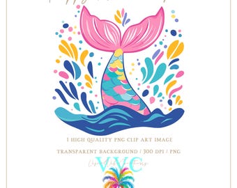 Preppy Mermaid Tail Clip Art - transparent background in PNG, mermaid clipart, ocean clipart, beach clip art, mermaid image, kids clip art