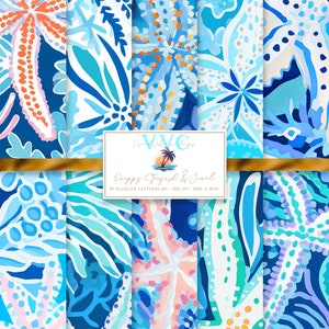Preppy Starfish & Coral Digital Paper, 10 patrones sin costuras para papel de álbum de recortes imprimible - Descarga instantánea, concha, vida marina, océano, azul