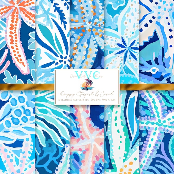 Preppy Starfish & Coral Digital Paper, 10 Seamless Patterns for Printable Scrapbook Paper - Instant Download, shell, sea life, ocean, blue