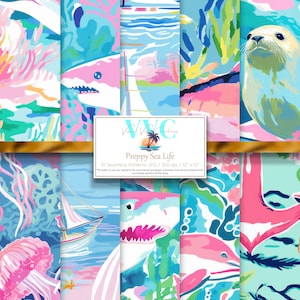 Preppy Sea Life digitaal papier, 10 naadloze patronen voor afdrukbaar plakboekpapier - direct downloaden, haai, dolfijn, vis