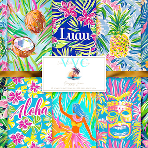 May include: A set of 10 digital seamless patterns featuring tropical designs, including pineapples, coconuts, flowers, and palm leaves. The patterns are in bright colors, such as pink, blue, green, and yellow. The patterns are perfect for creating Hawaiian-themed projects, such as fabric, wallpaper, and wrapping paper.