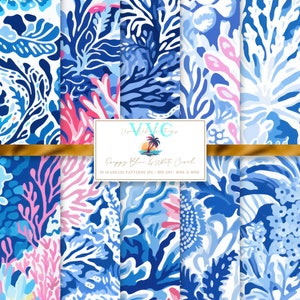 Papel digital Preppy en tonos azul y blanco coral: 10 patrones tropicales sin costuras para papel de álbum de recortes imprimible: descarga instantánea