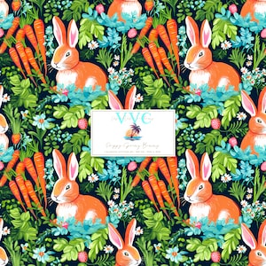 Könnte beinhalten: Ein nahtloses Muster mit orangefarbenen Hasen, Karotten, grünen Blättern und blauen und weißen Blumen auf dunkelblauem Hintergrund. Der Text "Whimsical Creations" und "Hoppy Spring Bunnies" ist im Design enthalten.