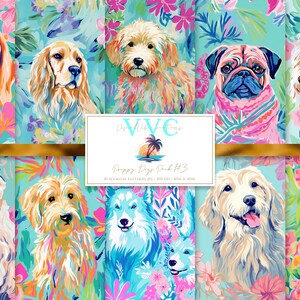 May include: A set of 8 digital seamless patterns featuring various dog breeds in a tropical floral design. The patterns are in bright colors, including pink, blue, green, and yellow.