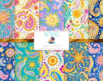 Pack de papiers numériques floraux Preppy Sun Paisley, 10 motifs d'été sans raccord