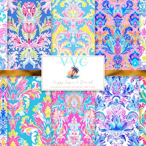 Op de afbeelding: Een set van 12 digitale naadloze patronen met een kleurrijk damastontwerp. De patronen zijn verkrijgbaar in verschillende kleuren, waaronder roze, blauw, geel en groen. De patronen zijn perfect voor gebruik in scrapbooking, kaartmaken en andere knutselprojecten.
